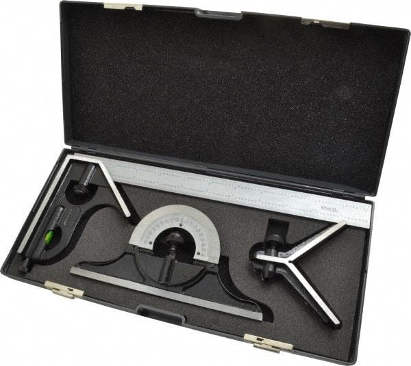 SPI - 4 Piece, 12" Combination Square Set - 1/32 & 1/64" (English/Metric) Graduation, Hardened Steel Blade, Hardened Steel Center, Protractor & Square Head - Benchmark Tooling