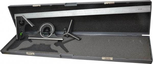 SPI - 4 Piece, 24" Combination Square Set - 1/100, 1/32, 1/50 & 1/64" (16R) Graduation, Hardened Steel Blade, Hardened Steel Center, Protractor & Square Head - Benchmark Tooling