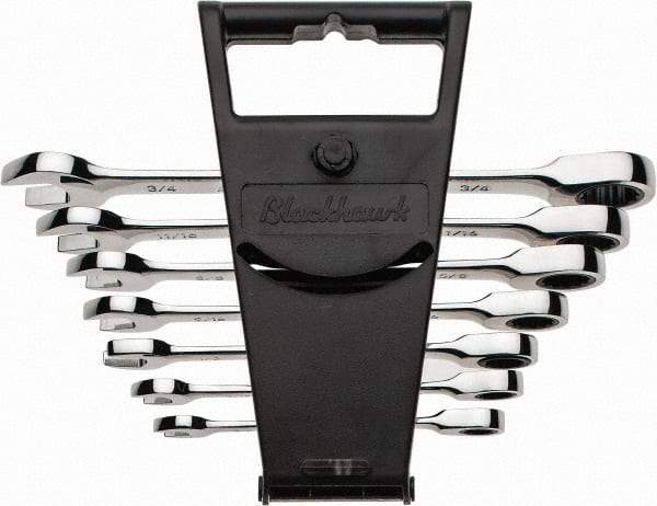 Blackhawk by Proto - 7 Piece, 3/8" to 3/4", Nonreversible Ratcheting Combination Wrench Set - Inch Measurement Standard, Full Polish Finish, Comes in Canvas Roll - Benchmark Tooling