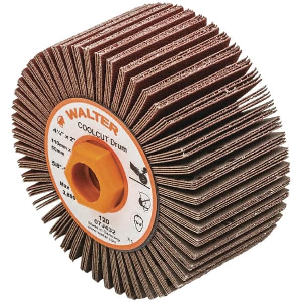 WALTER Surface Technologies - 4-1/4" Diam 120 Grit Aluminum Oxide Unmounted Flap Wheel - 5/8-11 Threaded Hole, 2" Wide, Coated, Grade Fine, 3,800 Max RPM - Benchmark Tooling