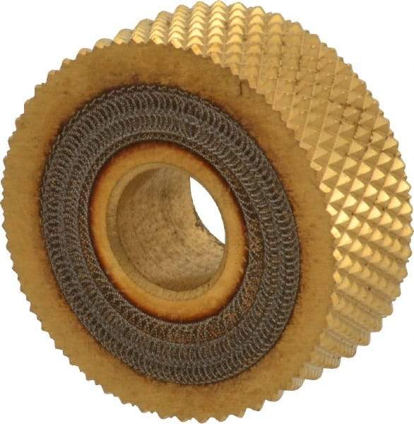 Dorian Tool - 1" Diam, 90° Tooth Angle, 20 TPI, Standard (Shape), Form Type High Speed Steel Male Diamond Knurl Wheel - 3/8" Face Width, 5/16" Hole, Circular Pitch, 30° Helix, Bright Finish, Series O - Exact Industrial Supply