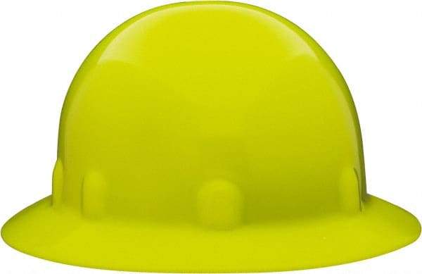 Fibre-Metal - ANSI Type I, Class E Rated, 8-Point, Ratchet Adjustment Hard Hat - Size 6-1/2 to 8, Hi-Viz Yellow, Full Brim - Benchmark Tooling
