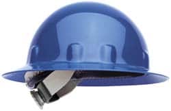 Fibre-Metal - ANSI Type I, Class E Rated, 8-Point, Ratchet Adjustment Hard Hat - Size 6-1/2 to 8, Blue, Full Brim - Benchmark Tooling