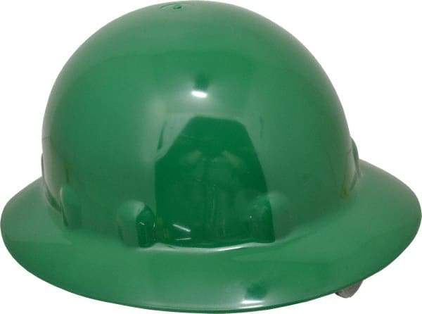 Fibre-Metal - ANSI Type I, Class E Rated, 8-Point, Ratchet Adjustment Hard Hat - Size 6-1/2 to 8, Green, Full Brim - Benchmark Tooling