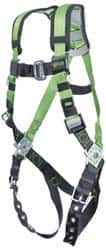 Miller - 400 Lb Capacity, Size Universal, Full Body Construction Safety Harness - Webbing, Tongue Leg Strap, Mating Chest Strap, Black/Green - Benchmark Tooling