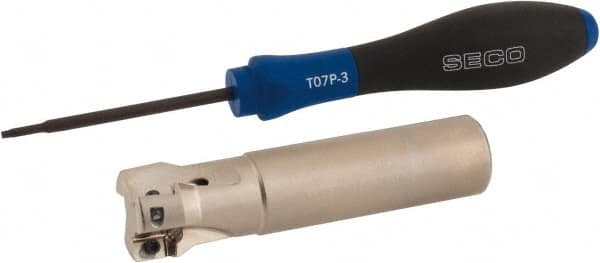 Seco - 7/8" Cut Diam, 0.354" Max Depth of Cut, 3/4" Shank Diam, 3.39" OAL, Indexable Square Shoulder End Mill - XO.X 10T3.. Inserts, Cylindrical Shank, 90° Lead Angle, Through Coolant, Series Turbo 10 - Benchmark Tooling