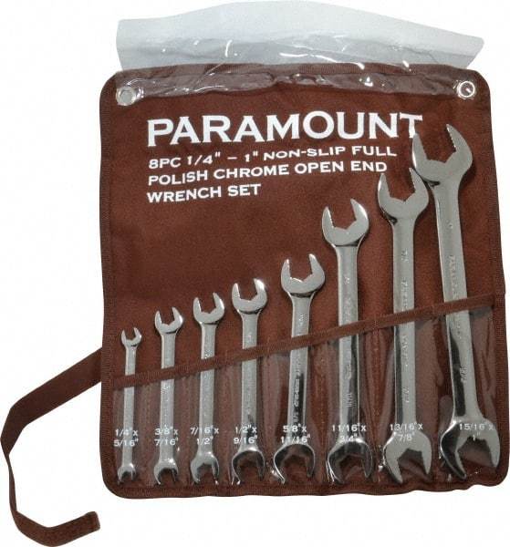 Paramount - 8 Piece, 1/4" to 1", Open End Wrench Set - Inch Measurement Standard, Full Polish Finish, Comes in Canvas Pouch - Benchmark Tooling