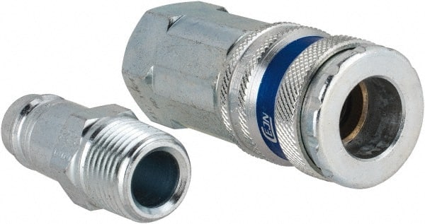 Dynabrade - 2 Piece 3/8" Body 3/8 NPT 150 psi Brass/Steel Industrial Pneumatic Coupling Plug Set - Benchmark Tooling