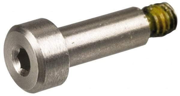 Made in USA - 1/4" Shoulder Diam x 1/4" Shoulder Length, #10-32 UNF, Hex Socket Precision Shoulder Screw - 303, 18-8 Stainless Steel with Nylon Locking Patch, Uncoated, 3/16" Head Height x 3/8" Head Diam - Benchmark Tooling