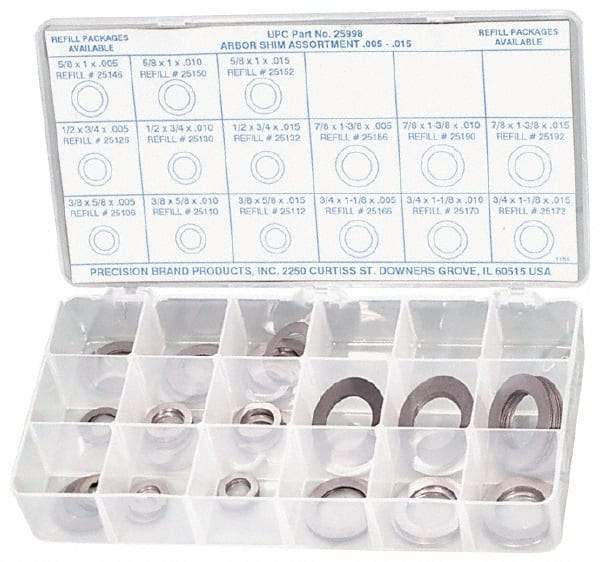 Precision Brand - 150 Piece, Steel Arbor Shim - 5/8 to 1-1/2 Inch Outside Diameter - Benchmark Tooling