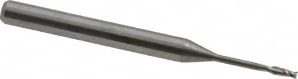 Accupro - 0.045", 0.135" LOC, 1/8" Shank Diam, 1-1/2" OAL, 2 Flute, Solid Carbide Square End Mill - Single End, Uncoated, Spiral Flute, 30° Helix, Centercutting, Series Miniature - Benchmark Tooling