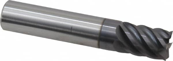 Accupro - 3/8", 1/2" LOC, 3/8" Shank Diam, 2" OAL, 6 Flute, Solid Carbide Square End Mill - Single End, AlTiN Finish, Spiral Flute, 45° Helix, Centercutting, Right Hand Cut, Right Hand Flute - Benchmark Tooling