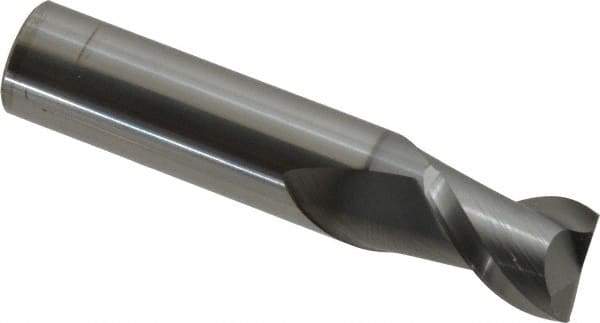 Accupro - 1/2", 5/8" LOC, 1/2" Shank Diam, 2-1/2" OAL, 2 Flute, Solid Carbide Square End Mill - Single End, nACRo Finish, Spiral Flute, 40° Helix, Centercutting, Right Hand Cut, Right Hand Flute - Benchmark Tooling