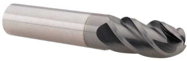 Accupro - 1/2" Diam, 1" LOC, 4 Flute Solid Carbide Ball End Mill - nACRo Finish, Single End, 3" OAL, 1/2" Shank Diam, Spiral Flute - Benchmark Tooling