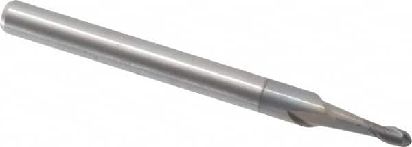 Accupro - 1/16" Diam, 3/16" LOC, 2 Flute Solid Carbide Ball End Mill - nACRo Finish, Single End, 1-1/2" OAL, 1/8" Shank Diam, Spiral Flute - Benchmark Tooling