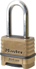 Master Lock - 2-1/4" Body Width x 2" Body Height, 2.063" Shackle Clearance, Brass Body & Boron Carbide Combination Lock - 3/8" Shackle Diam - Benchmark Tooling