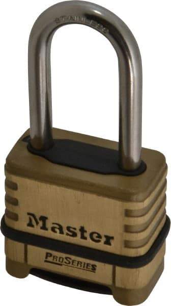 Master Lock - 2-1/4" Body Width x 2" Body Height, 2.094" Shackle Clearance, Brass Body & Stainless Steel Combination Lock - 5/16" Shackle Diam - Benchmark Tooling