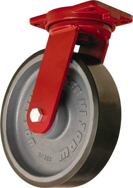 Hamilton - 12" Diam x 3" Wide x 14-1/2" OAH Top Plate Mount Swivel Caster - Polyurethane Mold onto Cast Iron Center, 4,550 Lb Capacity, Tapered Roller Bearing, 6-1/8 x 7-1/2" Plate - Benchmark Tooling