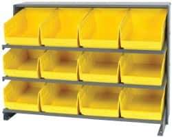 Quantum Storage - 12 Bin Store-More Sloped Shelving System - 36 Inch Overall Width x 12 Inch Overall Depth x 26-1/2 Inch Overall Height, Yellow Polypropylene Bins - Benchmark Tooling