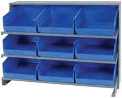 Quantum Storage - 9 Bin Store-More Sloped Shelving System - 36 Inch Overall Width x 12 Inch Overall Depth x 26-1/2 Inch Overall Height, Blue Polypropylene Bins - Benchmark Tooling