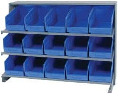 Quantum Storage - 15 Bin Store-More Sloped Shelving System - 36 Inch Overall Width x 12 Inch Overall Depth x 26-1/2 Inch Overall Height, Blue Polypropylene Bins - Benchmark Tooling