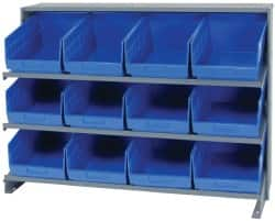 Quantum Storage - 12 Bin Store-More Sloped Shelving System - 36 Inch Overall Width x 12 Inch Overall Depth x 26-1/2 Inch Overall Height, Blue Polypropylene Bins - Benchmark Tooling