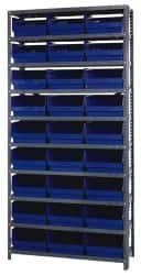 Quantum Storage - 27 Bin Store-More Shelf Bin System - 36 Inch Overall Width x 18 Inch Overall Depth x 75 Inch Overall Height, Blue Polypropylene Bins - Benchmark Tooling