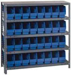 Quantum Storage - 32 Bin Store-More Shelf Bin System - 36 Inch Overall Width x 12 Inch Overall Depth x 39 Inch Overall Height, Blue Polypropylene Bins - Benchmark Tooling