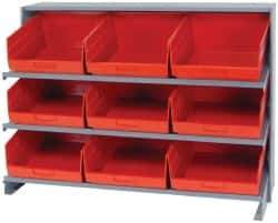 Quantum Storage - 9 Bin Store-More Sloped Shelving System - 36 Inch Overall Width x 12 Inch Overall Depth x 26-1/2 Inch Overall Height, Red Polypropylene Bins - Benchmark Tooling