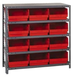 Quantum Storage - 12 Bin Store-More Shelf Bin System - 36 Inch Overall Width x 18 Inch Overall Depth x 39 Inch Overall Height, Red Polypropylene Bins - Benchmark Tooling