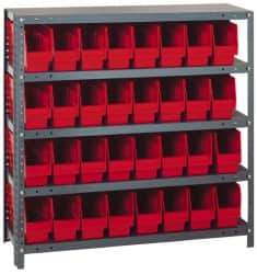 Quantum Storage - 32 Bin Store-More Shelf Bin System - 36 Inch Overall Width x 18 Inch Overall Depth x 39 Inch Overall Height, Red Polypropylene Bins - Benchmark Tooling