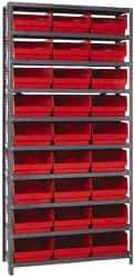 Quantum Storage - 27 Bin Store-More Shelf Bin System - 36 Inch Overall Width x 18 Inch Overall Depth x 75 Inch Overall Height, Red Polypropylene Bins - Benchmark Tooling