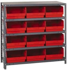 Quantum Storage - 12 Bin Store-More Shelf Bin System - 36 Inch Overall Width x 12 Inch Overall Depth x 39 Inch Overall Height, Red Polypropylene Bins - Benchmark Tooling