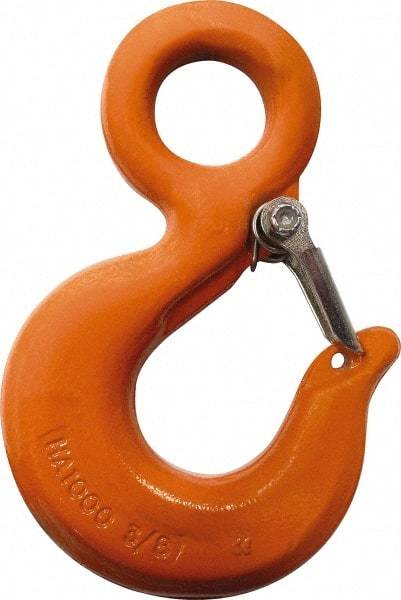 CM - Chain Grade 100, 8,800 Lbs. Load Limit Eye Rigging Hook with Latch - 1.19 Inch Hook Throat, 4.67 Inch Reach, 1-1/4 Inch Eye Inside Diameter, 3/8 Inch Chain Diameter, 6.55 Inch Overall Length, 0.63 Inch Eye Thickness - Benchmark Tooling