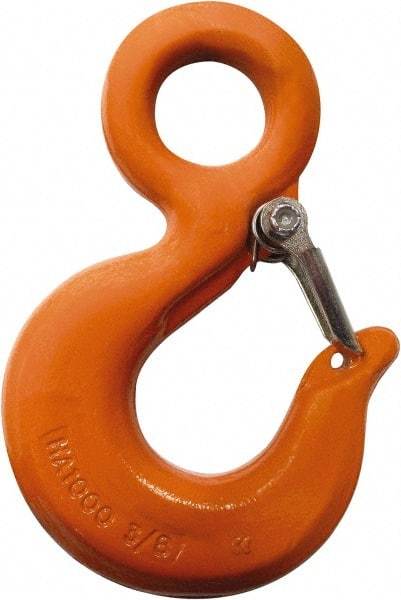 CM - Chain Grade 100, 2,700 Lbs. Load Limit Eye Rigging Hook with Latch - 0.93 Inch Hook Throat, 3.13 Inch Reach, 3/4 Inch Eye Inside Diameter, 0.21875 Inch Chain Diameter, 4.37 Inch Overall Length, 0.38 Inch Eye Thickness - Benchmark Tooling