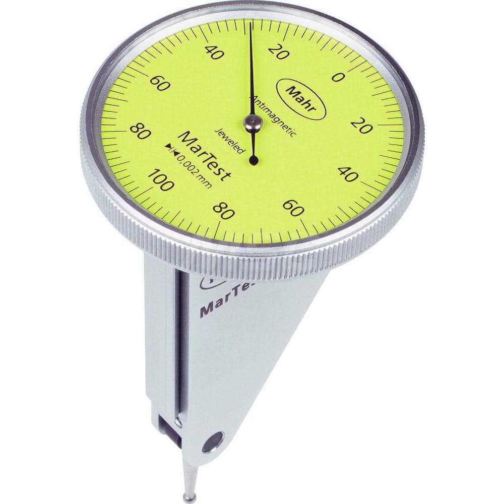 Mahr - Dial Test Indicators; Maximum Measurement (Decimal Inch): 0.0040 ; Maximum Measurement (mm): 0.10 ; Dial Graduation (Decimal Inch): 7.870000 ; Dial Graduation (mm): 0.0020 ; Dial Reading: 100-0-100 ; Dial Diameter (Inch): 1.5 - Exact Industrial Supply