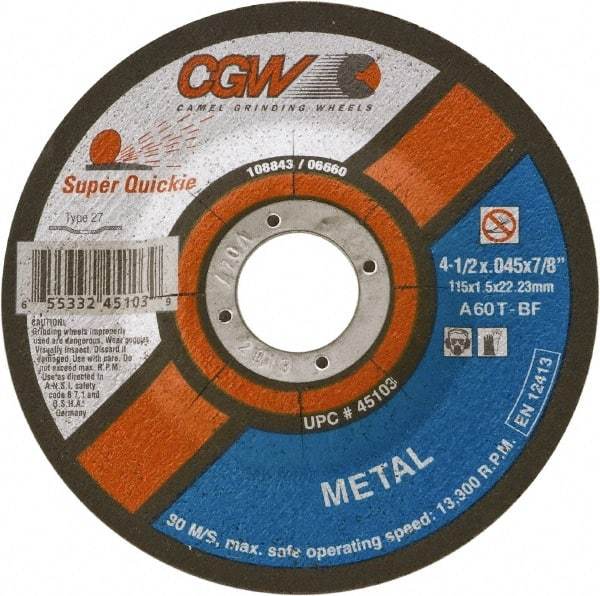 Camel Grinding Wheels - 60 Grit, 4-1/2" Wheel Diam, Type 27 Depressed Center Wheel - Medium Grade, Aluminum Oxide, Resinoid Bond, T Hardness, 13,300 Max RPM - Benchmark Tooling
