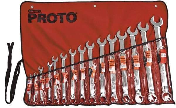 Proto - 15 Piece, 5/16" to 1-1/4", 12 Point Tethered Combination Wrench Set - Inch Measurement Standard, Satin Chrome Finish, Comes in Nylon Roll - Benchmark Tooling