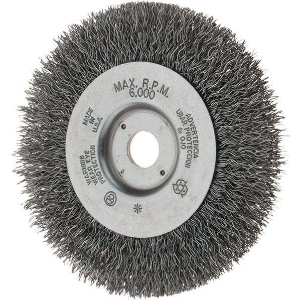 Weiler - 4" OD, 1/2" Arbor Hole, Crimped Steel Wheel Brush - 1/2" Face Width, 13/16" Trim Length, 0.014" Filament Diam, 6,000 RPM - Benchmark Tooling