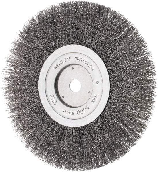 Weiler - 8" OD, 5/8" Arbor Hole, Crimped Steel Wheel Brush - 3/4" Face Width, 1-1/2" Trim Length, 0.014" Filament Diam, 4,500 RPM - Benchmark Tooling