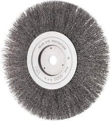 Weiler - 8" OD, 5/8" Arbor Hole, Crimped Steel Wheel Brush - 3/4" Face Width, 1-1/2" Trim Length, 0.014" Filament Diam, 4,500 RPM - Benchmark Tooling