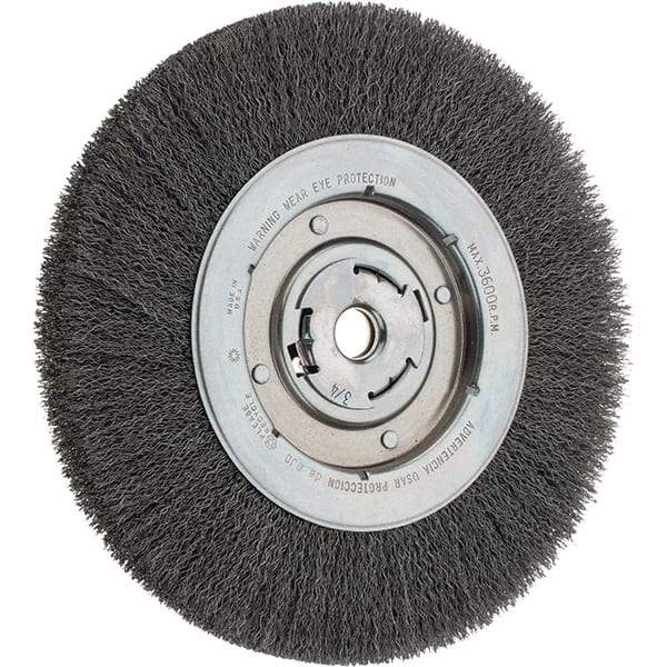 Weiler - 10" OD, 3/4" Arbor Hole, Crimped Steel Wheel Brush - 1-1/8" Face Width, 1-7/8" Trim Length, 0.014" Filament Diam, 3,600 RPM - Benchmark Tooling