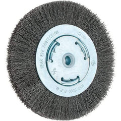 Weiler - 6" OD, 5/8" Arbor Hole, Crimped Steel Wheel Brush - 1-1/8" Face Width, 1-1/8" Trim Length, 0.014" Filament Diam, 6,000 RPM - Benchmark Tooling