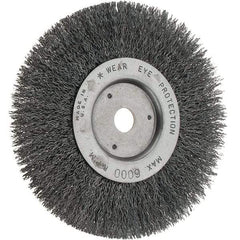 Weiler - 6" OD, 5/8" Arbor Hole, Crimped Steel Wheel Brush - 3/4" Face Width, 1-1/8" Trim Length, 0.014" Filament Diam, 6,000 RPM - Benchmark Tooling