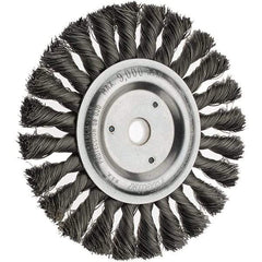 Weiler - 6" OD, 5/8" Arbor Hole, Knotted Steel Wheel Brush - 1/2" Face Width, 1-1/2" Trim Length, 0.014" Filament Diam, 9,000 RPM - Benchmark Tooling