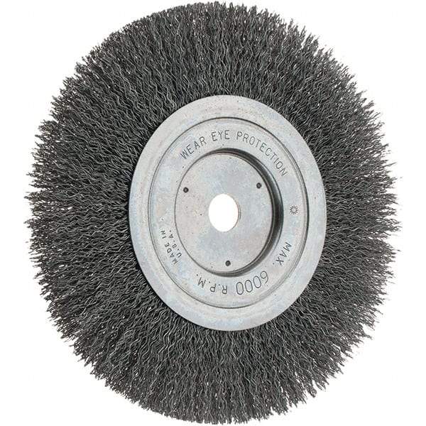 Weiler - 7" OD, 5/8" Arbor Hole, Crimped Steel Wheel Brush - 1" Face Width, 2" Trim Length, 0.014" Filament Diam, 6,000 RPM - Benchmark Tooling