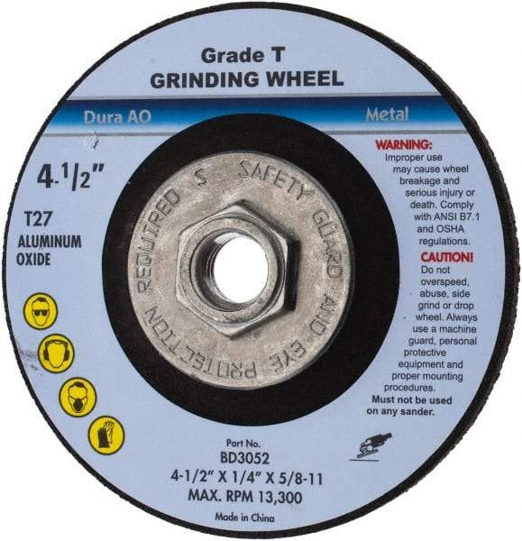 Value Collection - 24 Grit, 4-1/2" Wheel Diam, 1/4" Wheel Thickness, Type 27 Depressed Center Wheel - Aluminum Oxide, U Hardness, 13,300 Max RPM - Benchmark Tooling