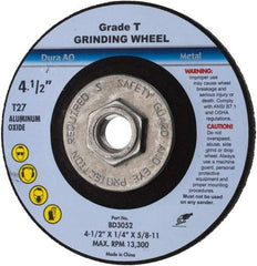 Value Collection - 24 Grit, 4-1/2" Wheel Diam, 1/4" Wheel Thickness, Type 27 Depressed Center Wheel - Aluminum Oxide, U Hardness, 13,300 Max RPM - Benchmark Tooling