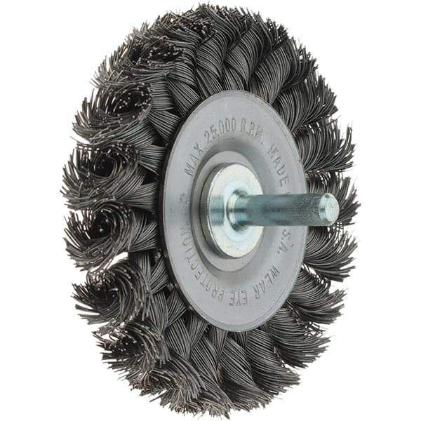 Weiler - 3" OD, 1/4" Shank Diam, Knotted Steel Wheel Brush - 3/8" Face Width, 5/8" Trim Length, 0.014" Filament Diam, 25,000 RPM - Benchmark Tooling