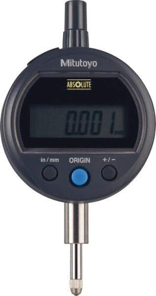 Mitutoyo - 0 to 12.7mm Range, 0.00005" Graduation, Electronic Drop Indicator - Flat Back, Accurate to 0.0001", English & Metric System, LCD Display - Benchmark Tooling